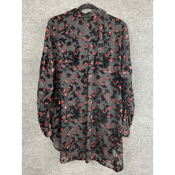Intro Women's 2X Button Down Shirt Black Burnout Red Floral Velvet - Picture 9 of 13